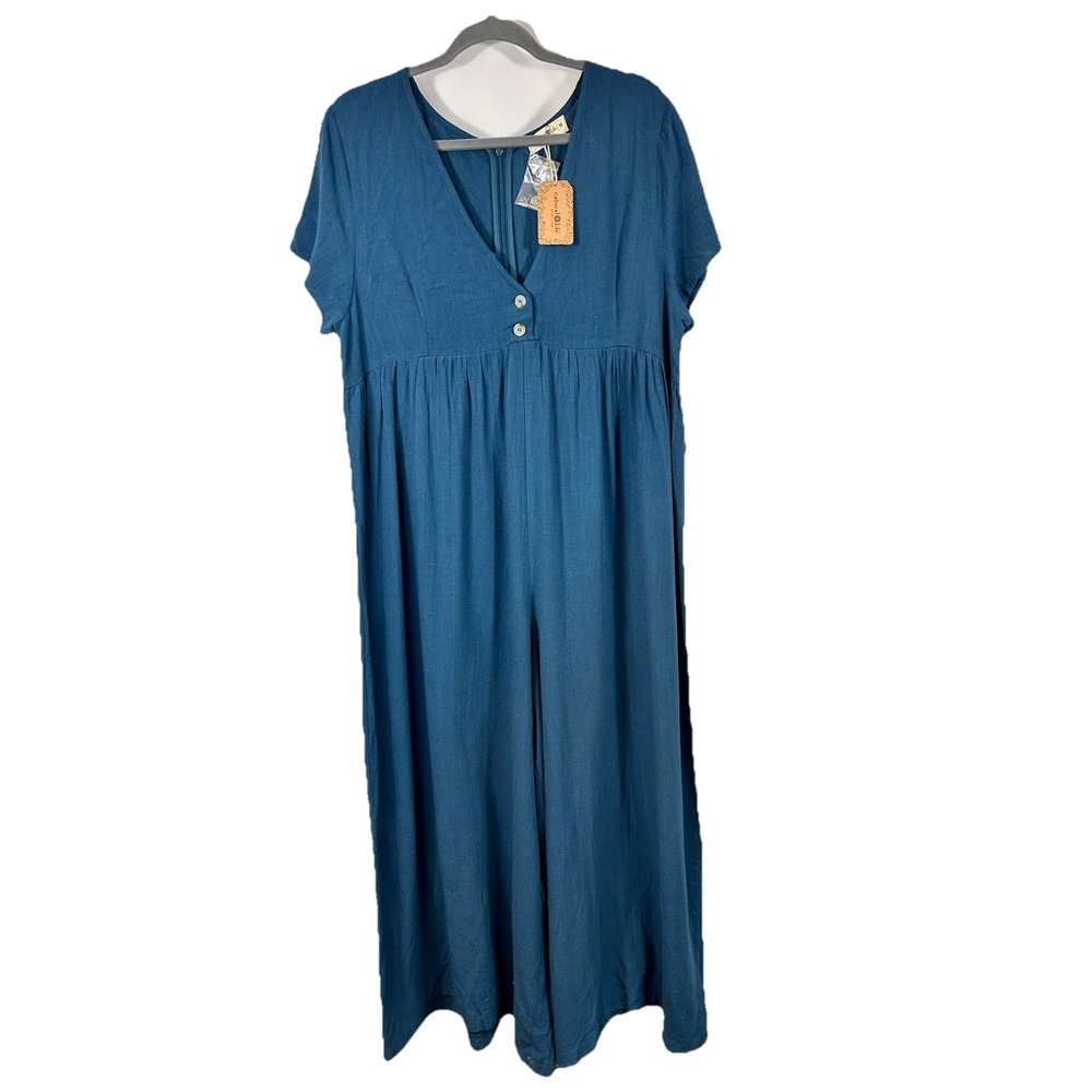 Natural Life Blue Linen Blend Jumpsuit NWT Medium Boho Coastal Wide Leg Romper